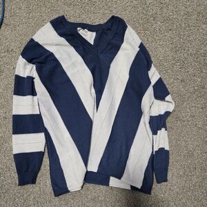 Navy and White Striped V-Neck Sweater